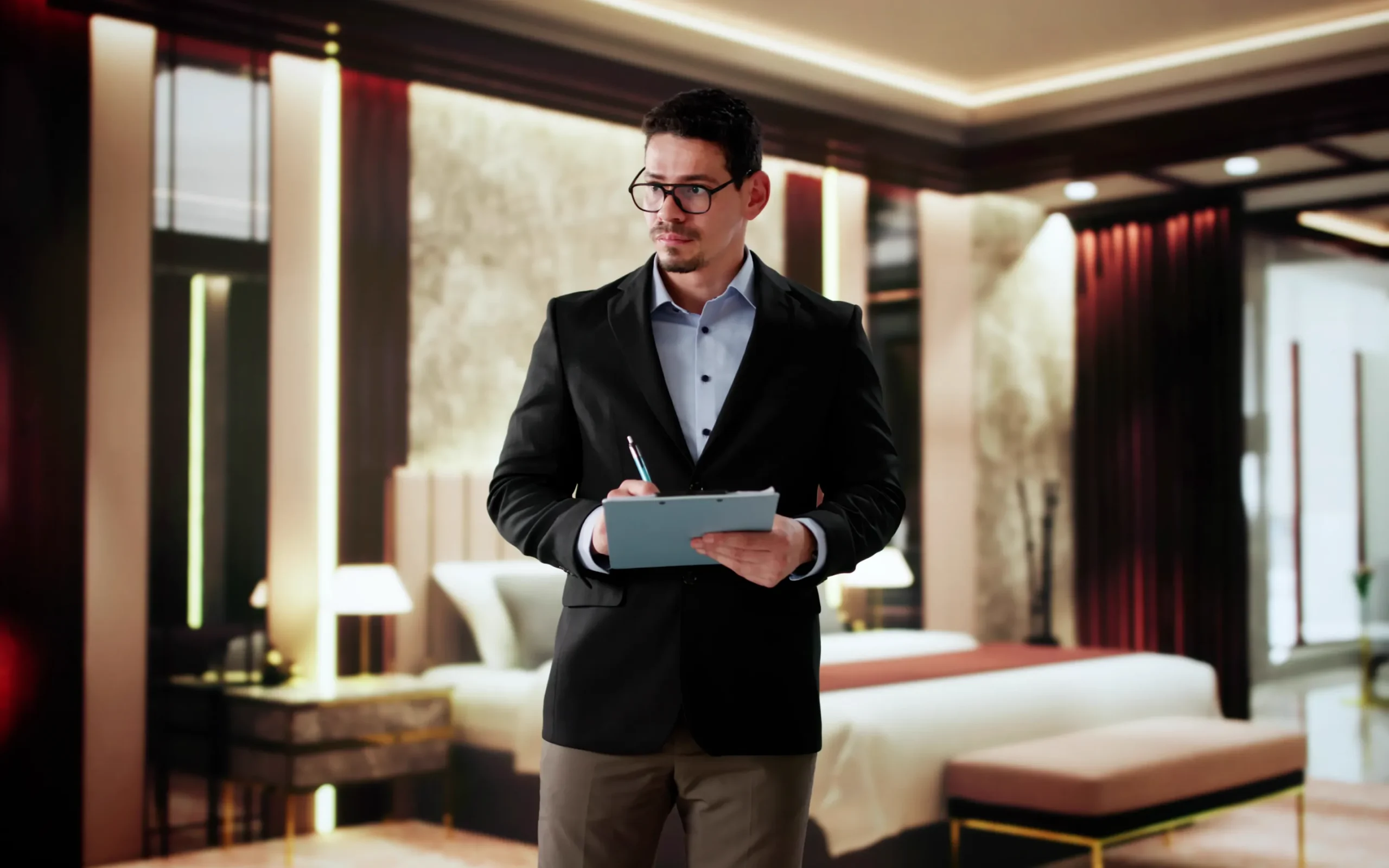 Compliance inspector in hotel lobby